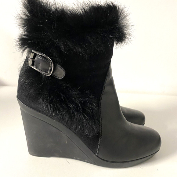 Aquatalia Natalie Black Ankle Wedge Heel Boot Leather Suede Faux Fur Rou… - Picture 3 of 9